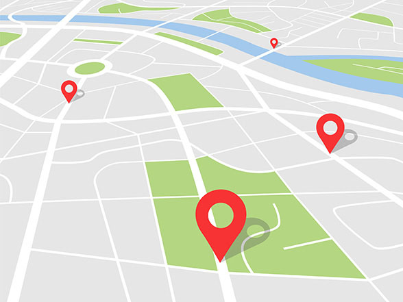 Digital map with multiple location pins representing SEO services to improve local visibility.